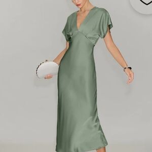 NEW Rihoas Sage Green Satin A Line Midi Dress    Size XS